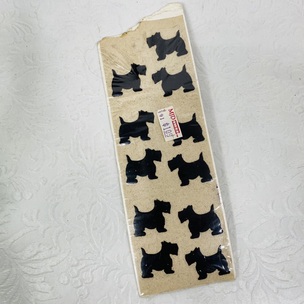 Vintage 1990 Sandylion 11 Ct Black Fuzzy Scottie Dogs 1″ Stickers DAMAGED Pkg