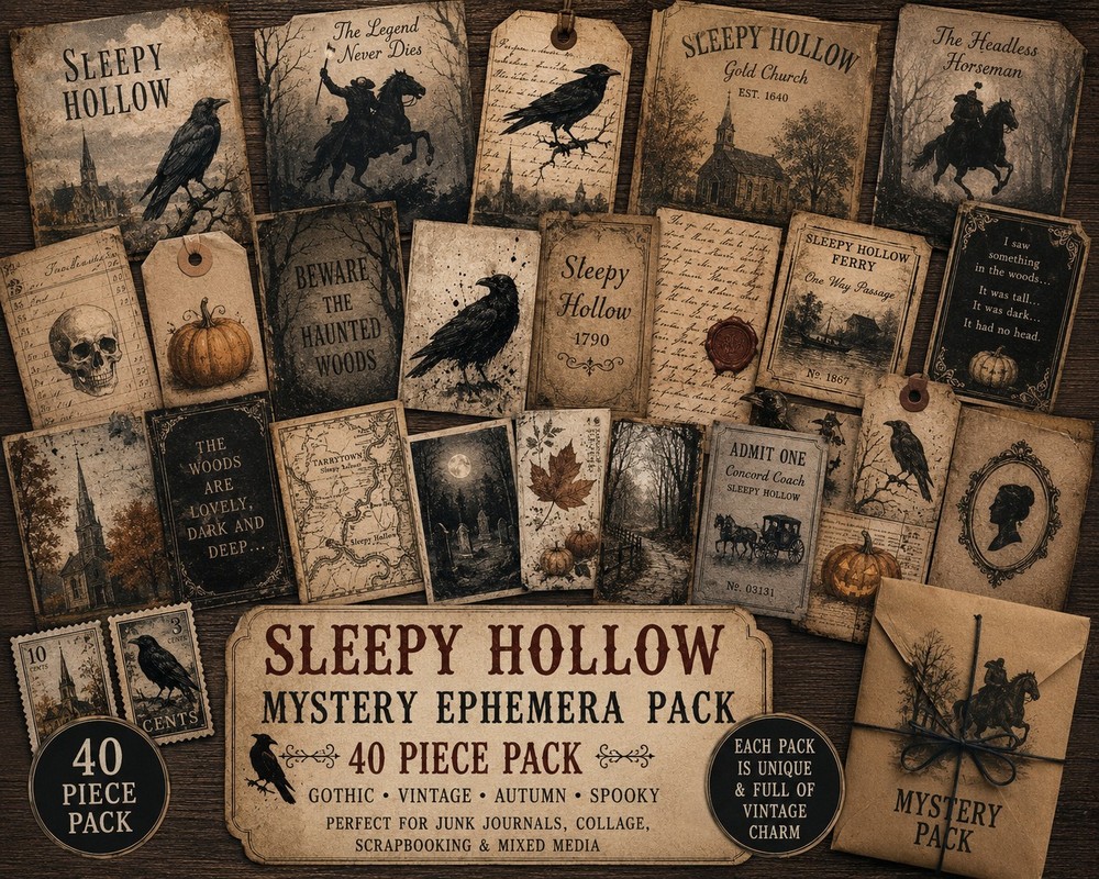 Sleepy Hollow Inspired Mystery Ephemera Pack – 40 Pieces – Gothic Halloween Junk