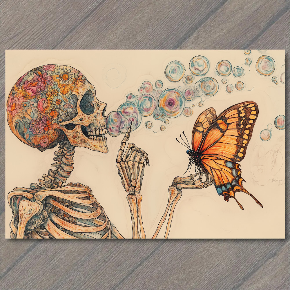 STICKER Bright Skull Blowing Bubble Wild Hair Butterfly Vivid Color Fantasy