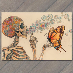 STICKER Bright Skull Blowing Bubble Wild Hair Butterfly Vivid Color Fantasy