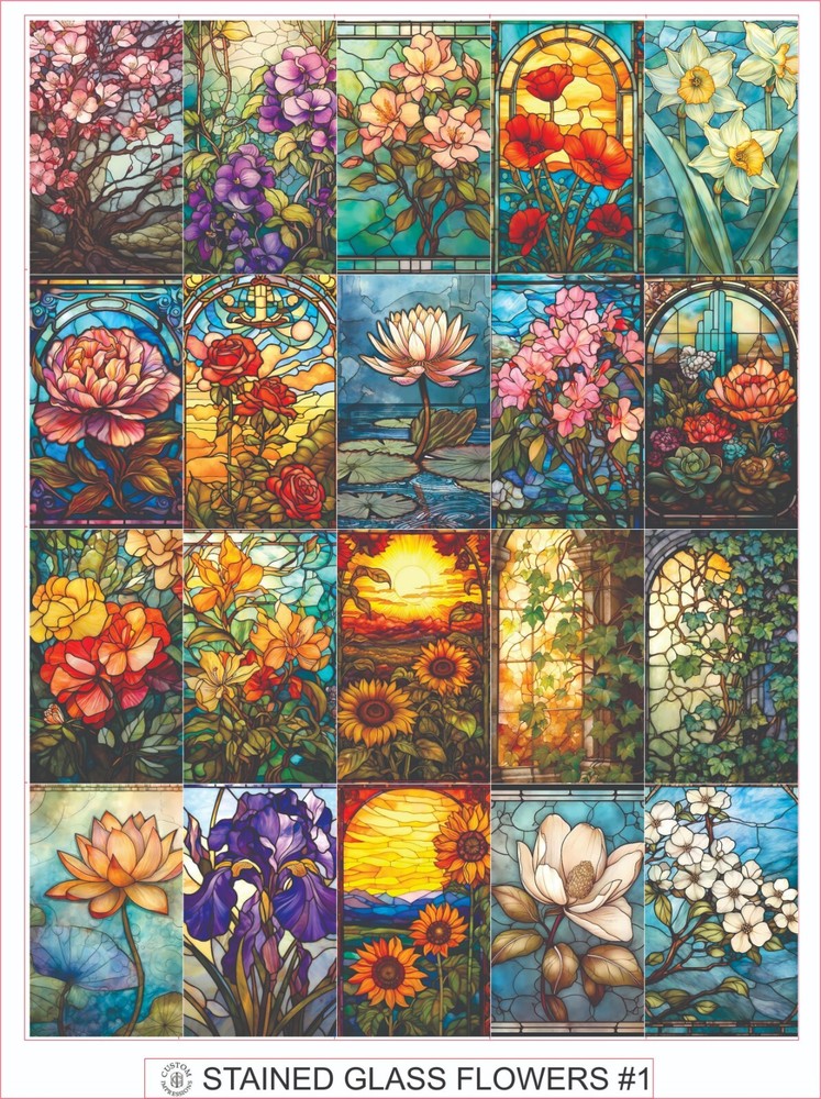 STAINED GLASS FLOWERS #1 – COMPLETE SHEET OF 20 STICKERS