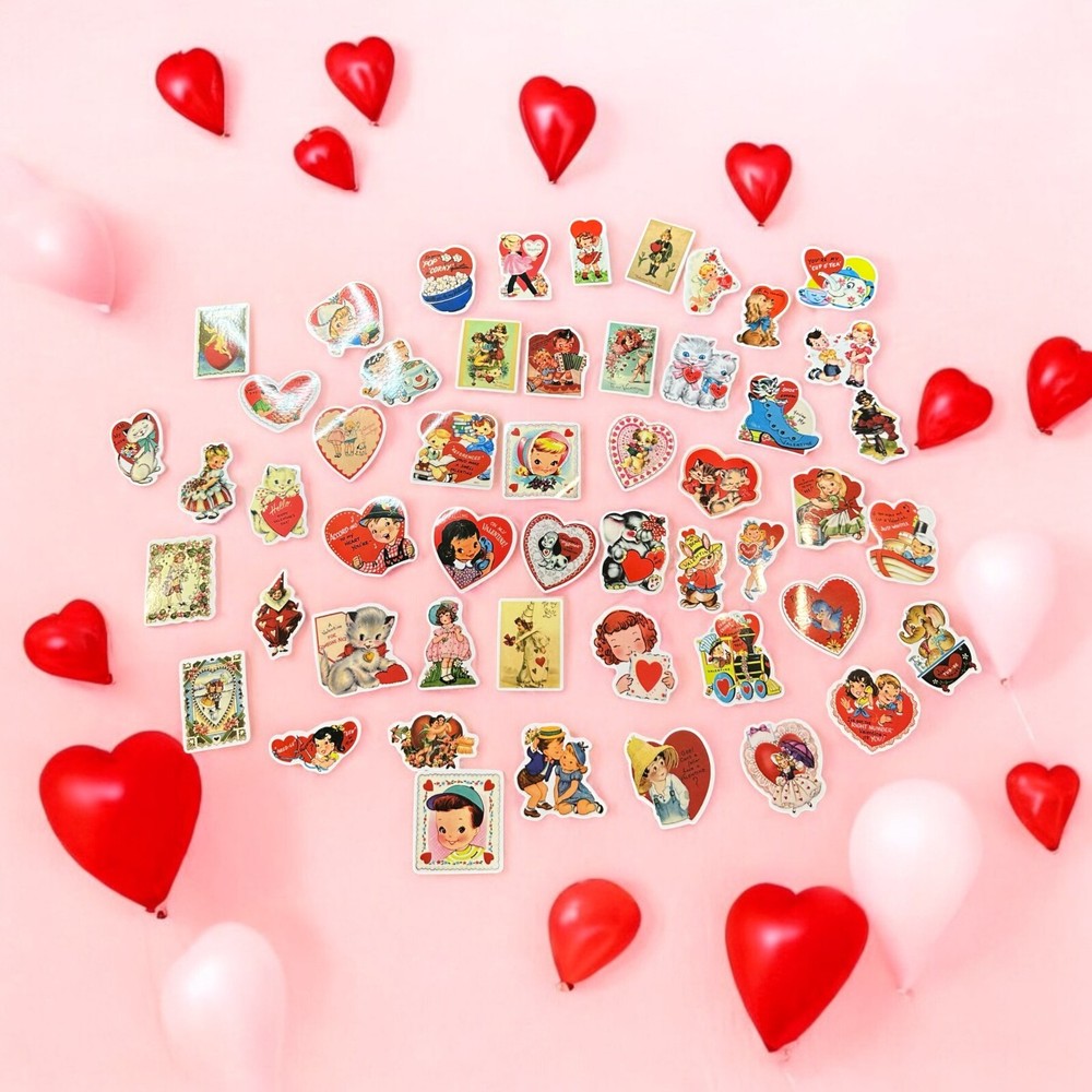 Valentine’s Stickers 50 Pack Retro VIntage Style Cute Heart Junk Journal New