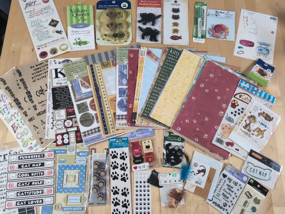 Cat Themed Crafting Lot; Paper & Stickers Scrapbooking Card Making