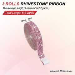 3 Rolls 6.6 Yards 0.5 Inch Crystal Rhinestones Ribbon for Crafts Pink