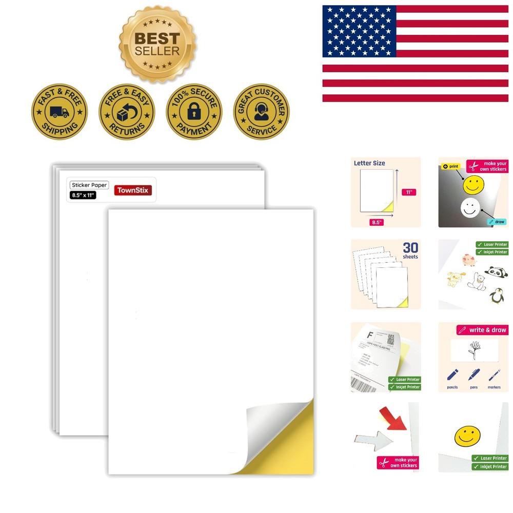 High-Quality 30 Sheet Printable White Sticker Paper for Inkjet/Laser Printing