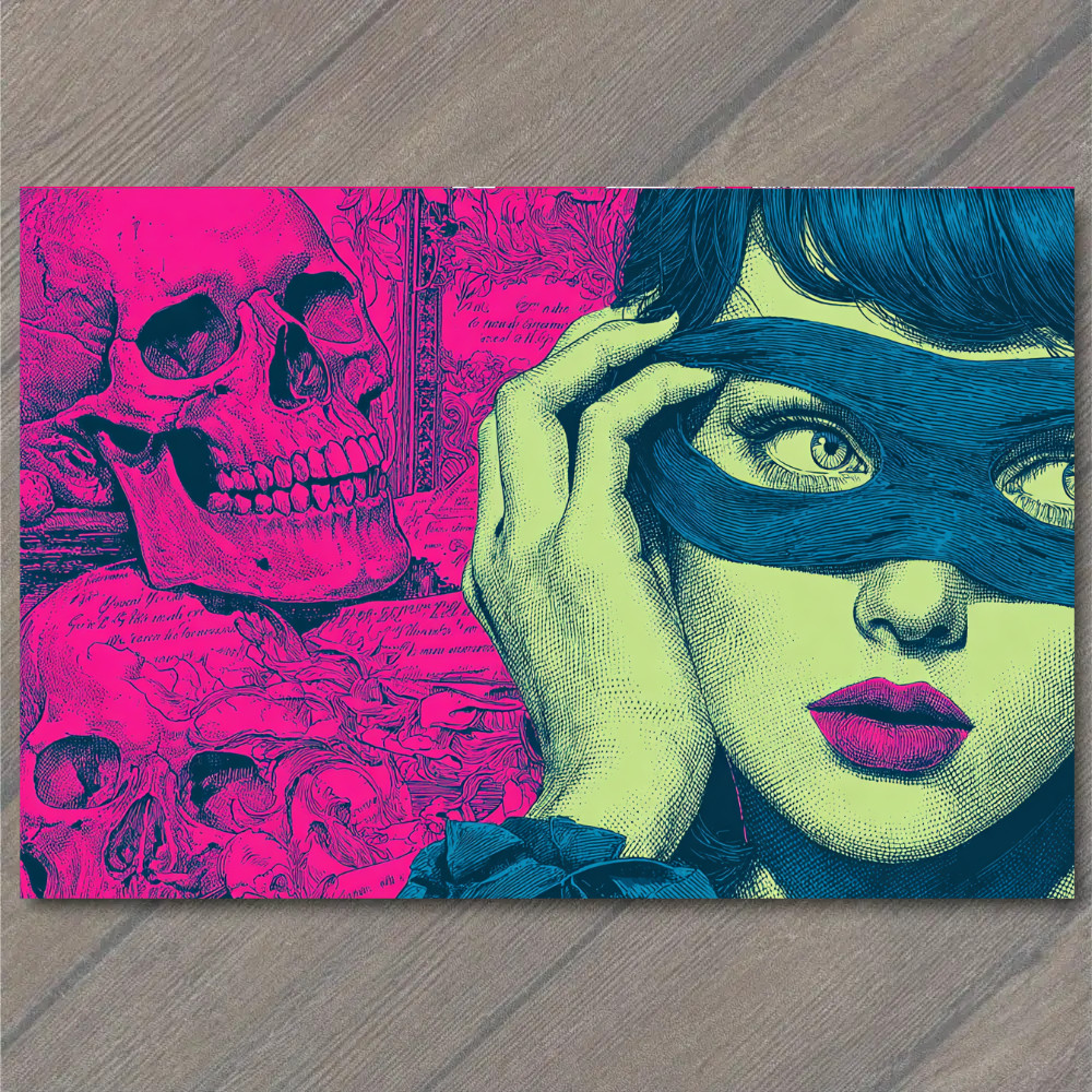 STICKER Masked Woman Skull Pop Surreal Neon Pink Graphic Retro Gothic