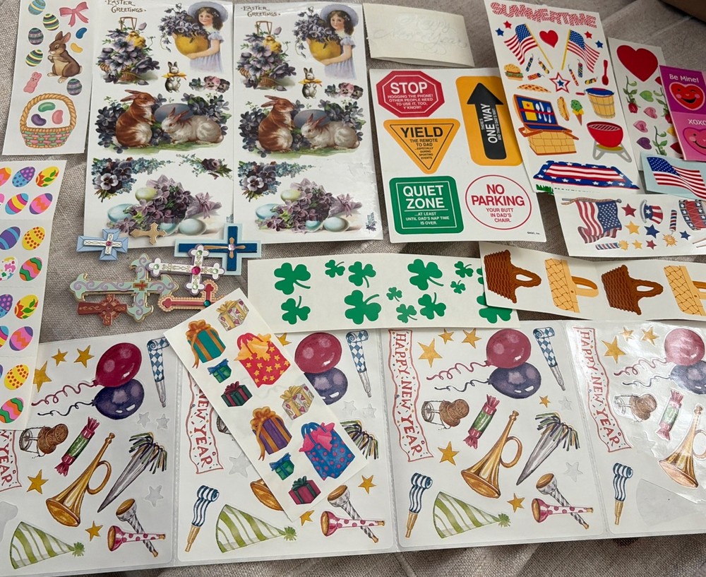 mrs. grossman’s stickers lot Easter Summertime Vtg Cross Happy New Year Hearts