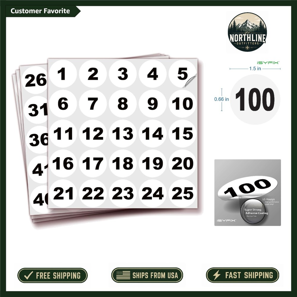 Waterproof Self-Adhesive Number Stickers 1-100, 1.5-inch for Indoor/Outdoor Use