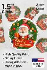 Christmas Santa Stickers – 1.5” Circle – 4 Sheets – Merry Christmas Labels