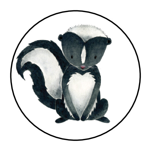 30 1.5″ WOODLAND ANIMAL SKUNK BIRTHDAY BABY SHOWER FAVOR LABELS ROUND STICKERS
