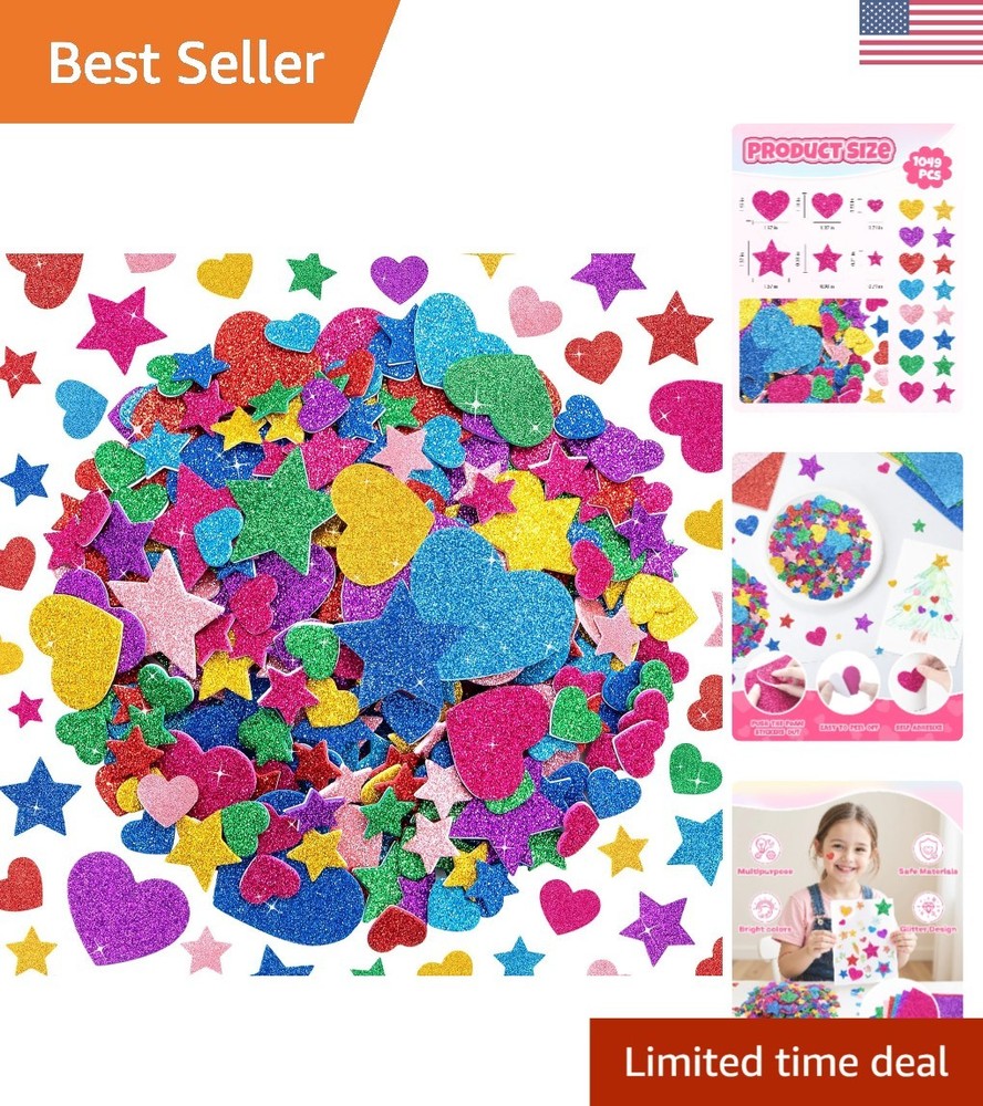 1024PCS Colorful Glitter Foam Stickers – Heart & Star Shapes for Kids’ Crafts