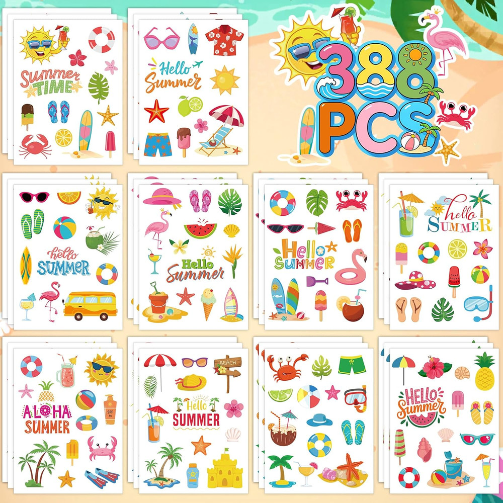 30 Sheets Summer Stickers, Adhesive 388Pcs Ocean Beach Stickers Bulk for Summer