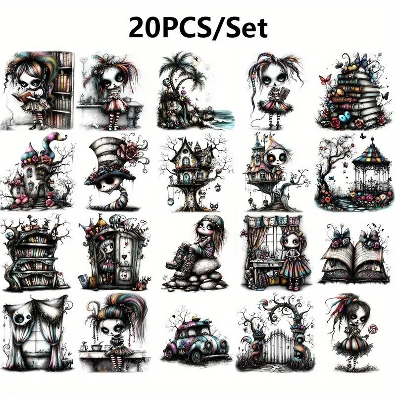 20pcs Haunted Girl 2D Stickers Gothic-Themed DIY Decor Self-Adhesive Semi-Gloss