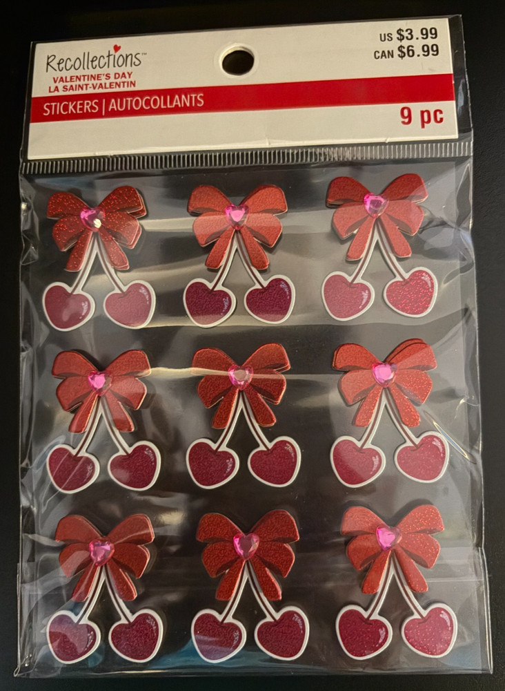 RECOLLECTIONS VALENTINE’S DAY CHERRY HEARTS DIMENSIONAL STICKERS 9PC ROMANCE