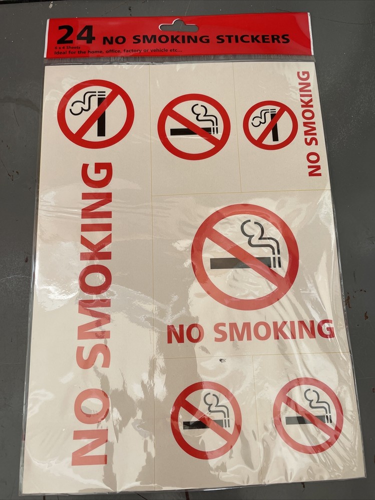 No Smoking Stickers Pack of 24 Assorted Sized Stickers 6 x 4 Sheets NEW In Bag