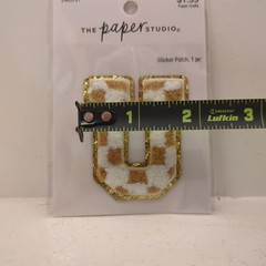 The Paper Studio Chenille U Brown White Checker Sticker Patch Alphabet Letter