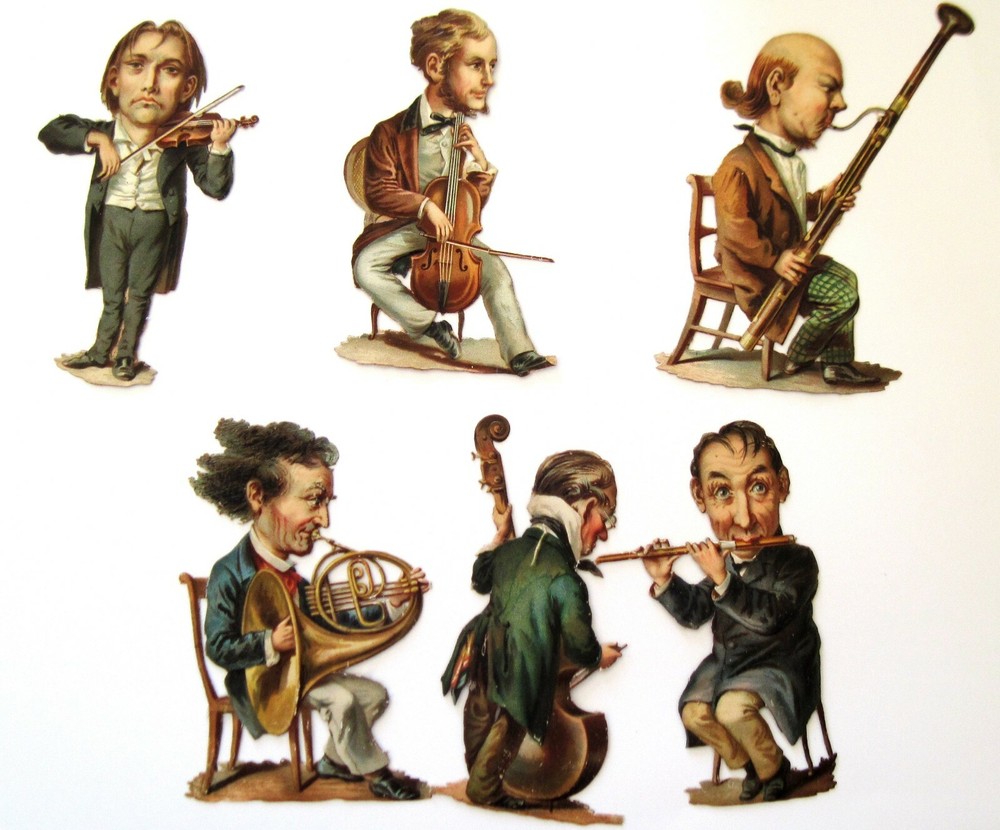 (1) Set of (6) 1800’s Musician Die Cuts Holding Their Instruments *