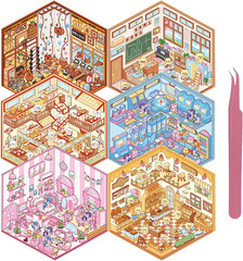 DIY 3D Sticker Scenes for Girls, 6 Sets Make Your Own Mini Room Scene Stickers f