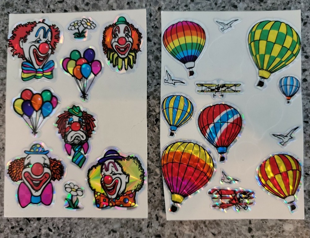 Vintage 80s Foil Stickers Prismatic Clowns Balloons airplanes flowers stick ons