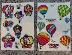 Vintage 80s Foil Stickers Prismatic Clowns Balloons airplanes flowers stick ons