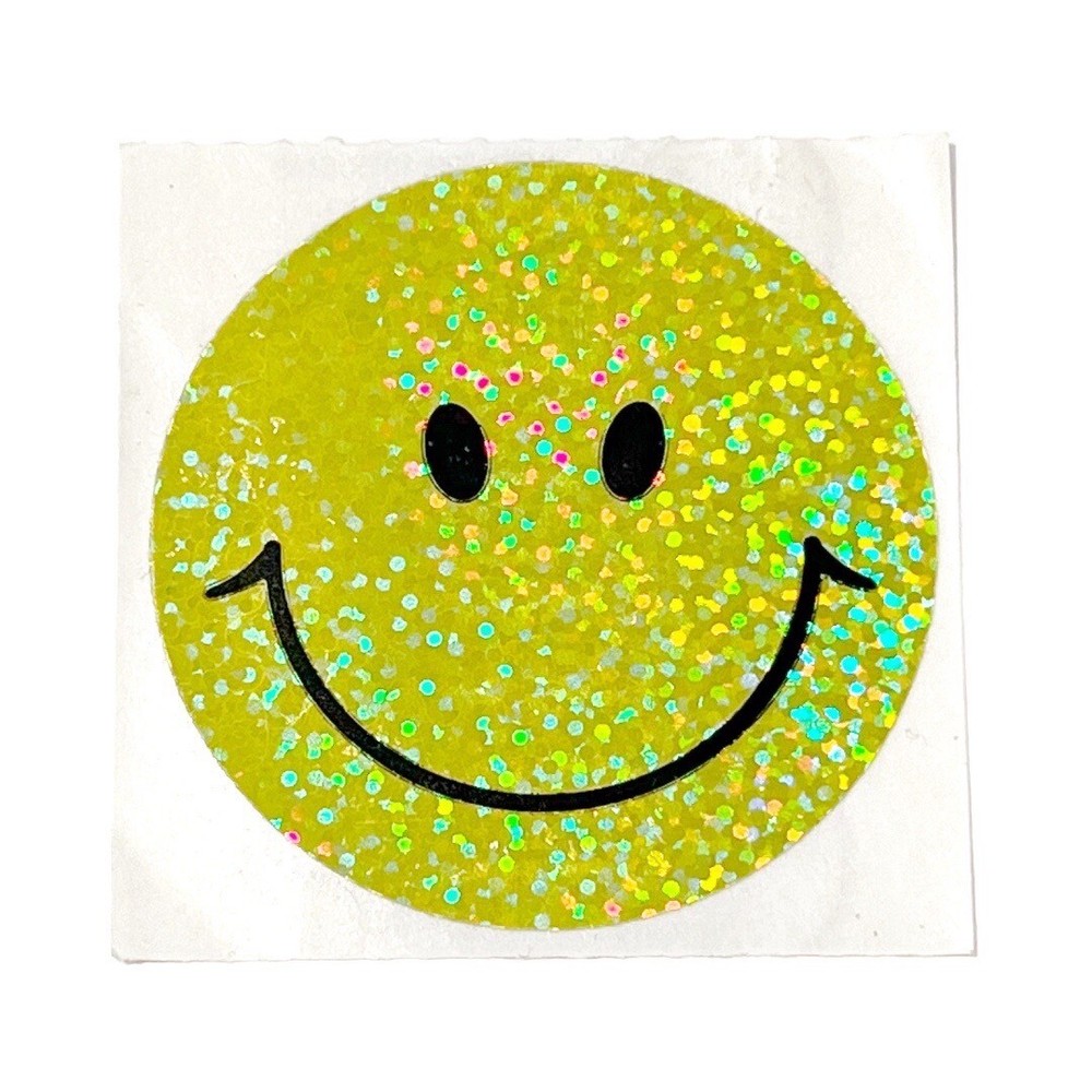 Vintage Sandylion Large Holographic Smiley Happy Face Sticker Yellow Sparkly Y2K
