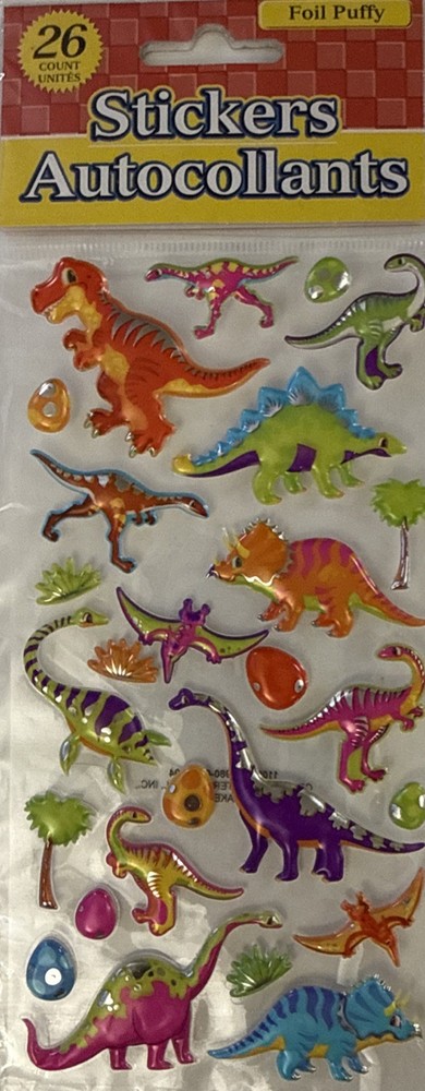 PUFFY FOIL DINOSAUR Stickers (26pc)Prehistoric•T-Rex•Bright Color•Card Making•