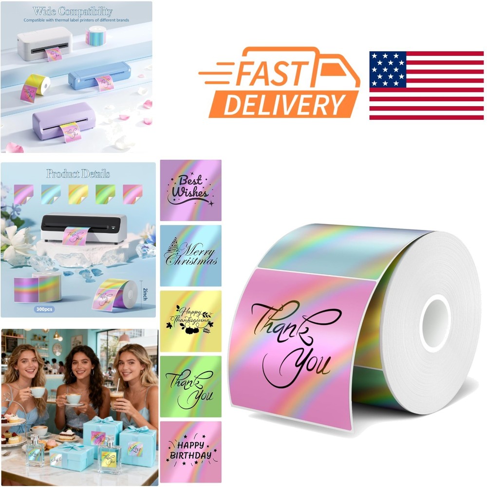 Waterproof Holographic Thermal Labels 2 Inch Square 200 Pcs with Glitter Finish