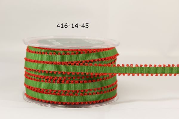 MAY ARTS RIBBONS~GROSGRAIN W/PICOT EDGE~EMERALD GREEN W/RED~1/4 INCH X 3 YARDS!