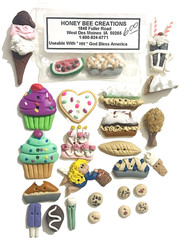 HONEY BEE +? 26 PCS FOOD CAKE & PIES CRAFT 3D FLAT BACK BUTTON EMBELLISHMENTS