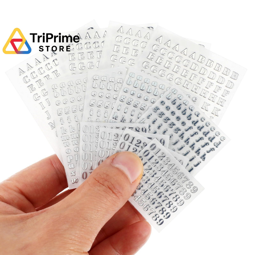 LXUEJIE 12 Sheets Small Letter Stickers, 3 Sizes Mini Alphabet Number Silver