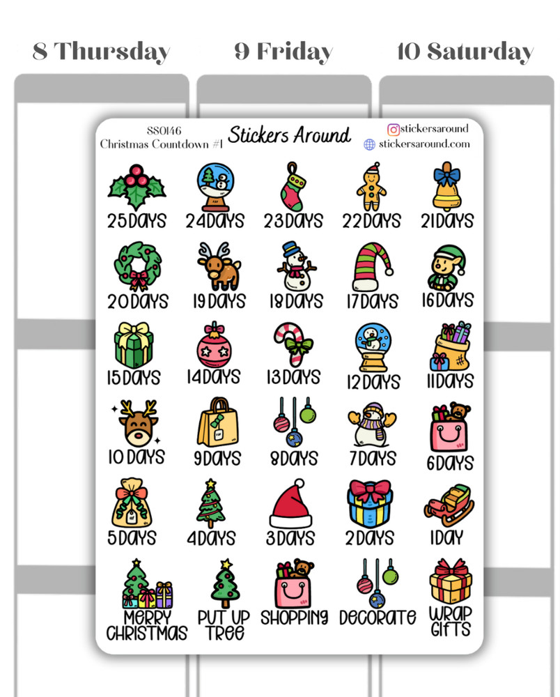 Christmas Holiday Countdown Planner Sticker #1, Calendar and Journal Sticker