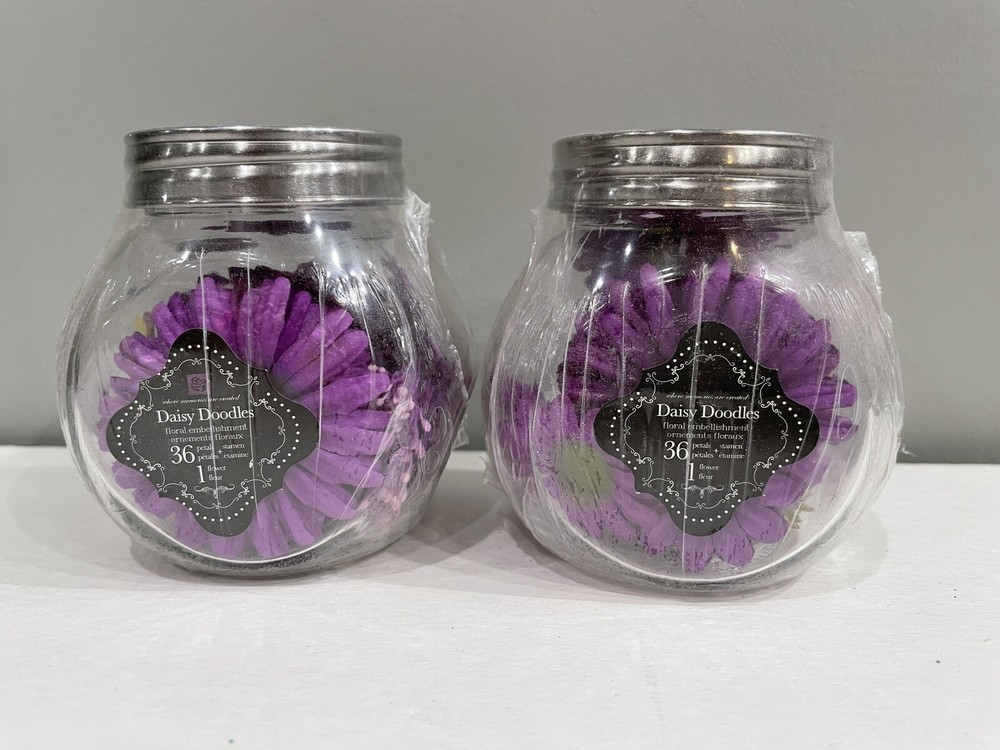 Prima Daisy Doodles Flowers Purple 36 pcs 2 Jars Scrapbook Craft Retired NEW