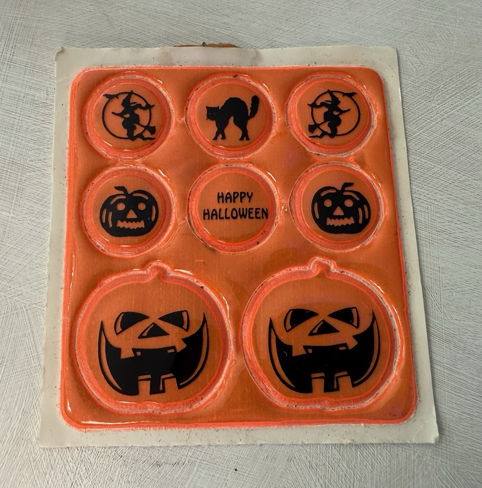 Vintage Happy Halloween Set of 8 Puffy Stickers Orange Black Pumpkins Cat Witch