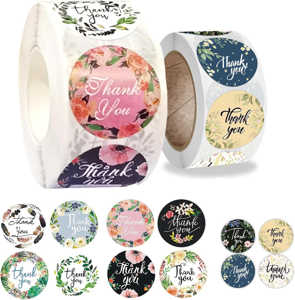 Thank You Stickers 1000 Pcs, 1.5 Inch 500 Pcs and 1 Inch 500 Pcs, Spring Flower