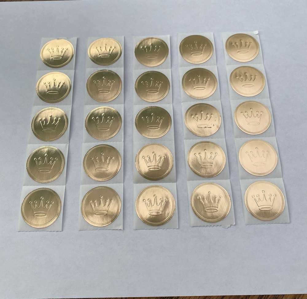 25 Hallmark Stationery Embossed Gold Foil Seals 1″ Diameter Gold Crown Stickers