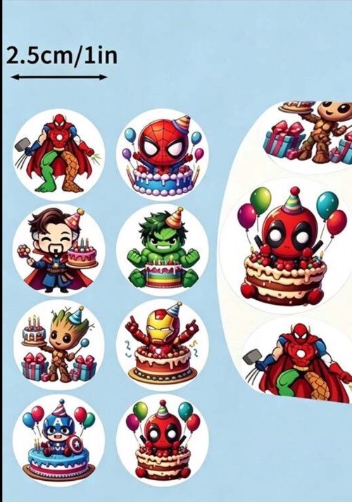 40 PCs Round 1” Marvel Character Birthday Stickers Deadpool Iron Man Spider Man