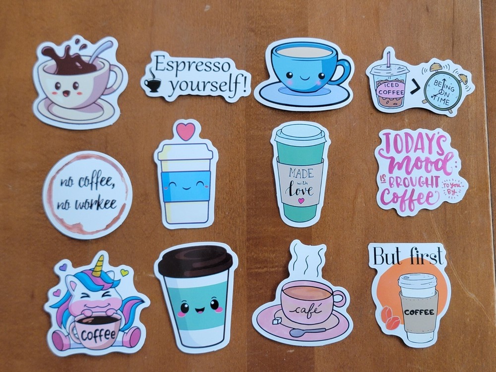 Coffee Stickers Lot Of 12- New Decals Scrapbooking Cute Novelty Cafe Caffeine