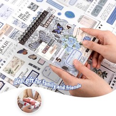 RISYPISY Pre-Cut Vintage Ephemera Washi Scrapbook Sticker Book for Blue