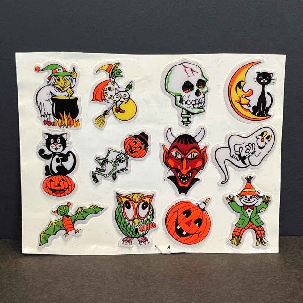 Vintage Halloween Puffy Stickers Lot 3D Witch Scarecrow Skull Ghost Pumpkin