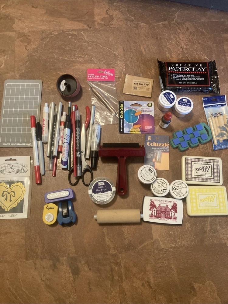 Large Crafting Scrapbooking Supply Lot Ink Pens Stamp Stylus Tool Punches Flock
