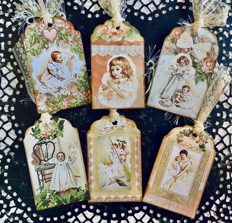 6 Junk Journal Tags Vintage Lace Roses Maud Humphrey~Gifts~Scrapbooks~Cards~#5DL