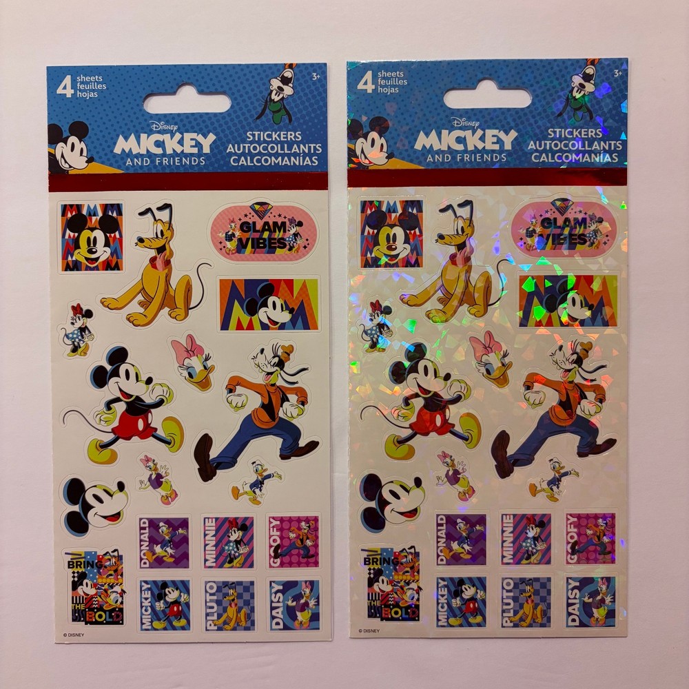 MICKEY MOUSE Pluto Minnie Goofy Holographic & Glossy stickers 4 Sheets NEW