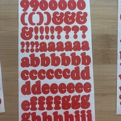 Vtg Red Alphabet Stickers 4 Sheets Used Capital Lower Case Numbers Exclamation