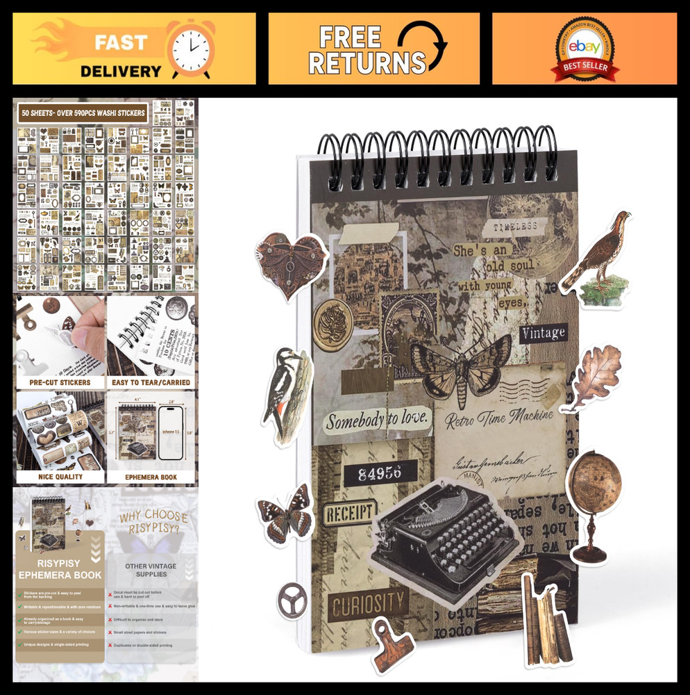 Vintage Pre-Cut Washi Stickers for Journaling – 595PCS Scrapbooking Ephemera, DI