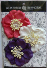 CAMELIA Pink Purple & White & Centres 3 Flower Pack Paper 80mm Across – Con A RB
