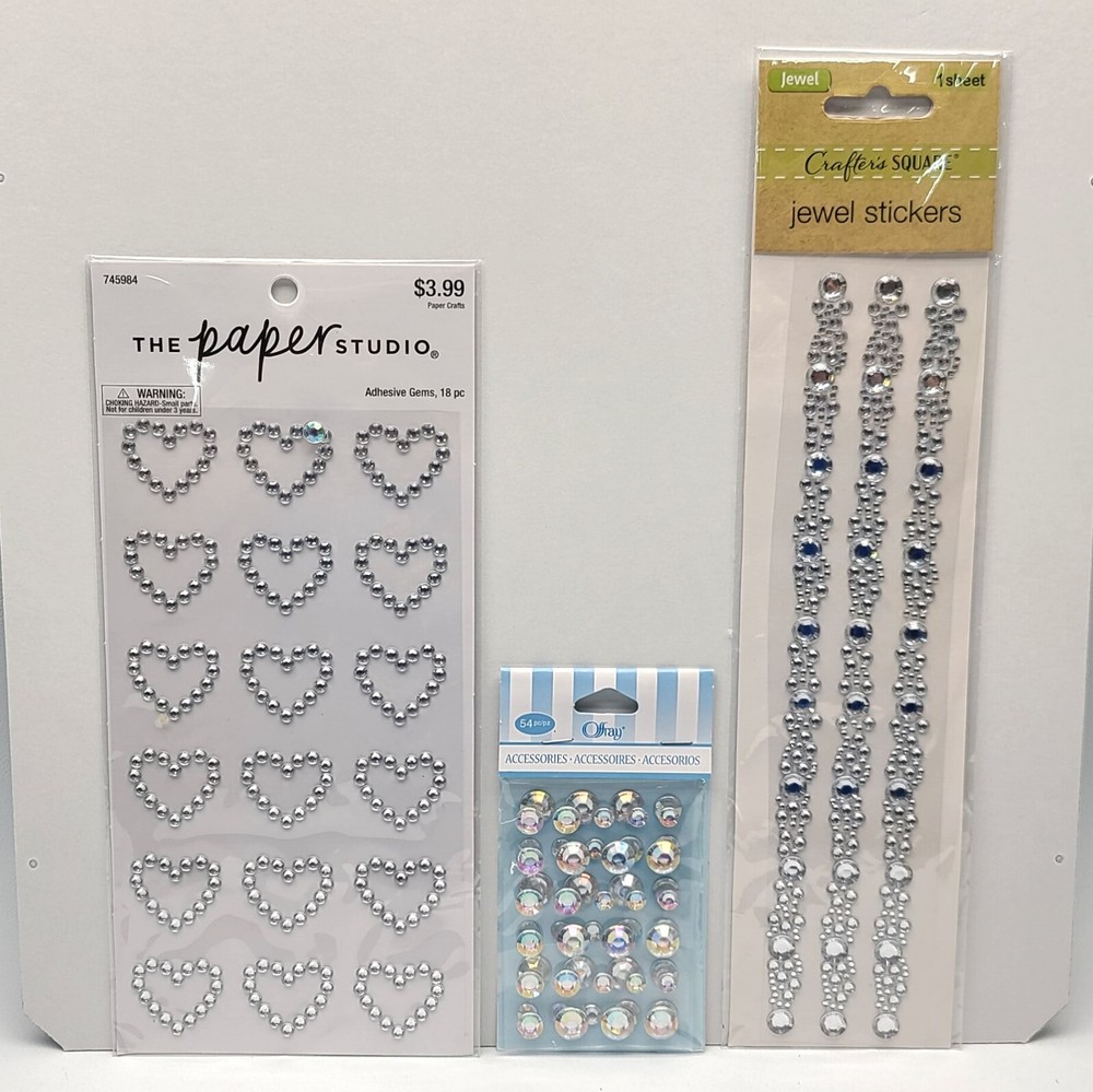 ⭐️ (3pk) Crafter’s Square Gemstone Jewel Hearts Scrapbook Sticker Lot – Clear