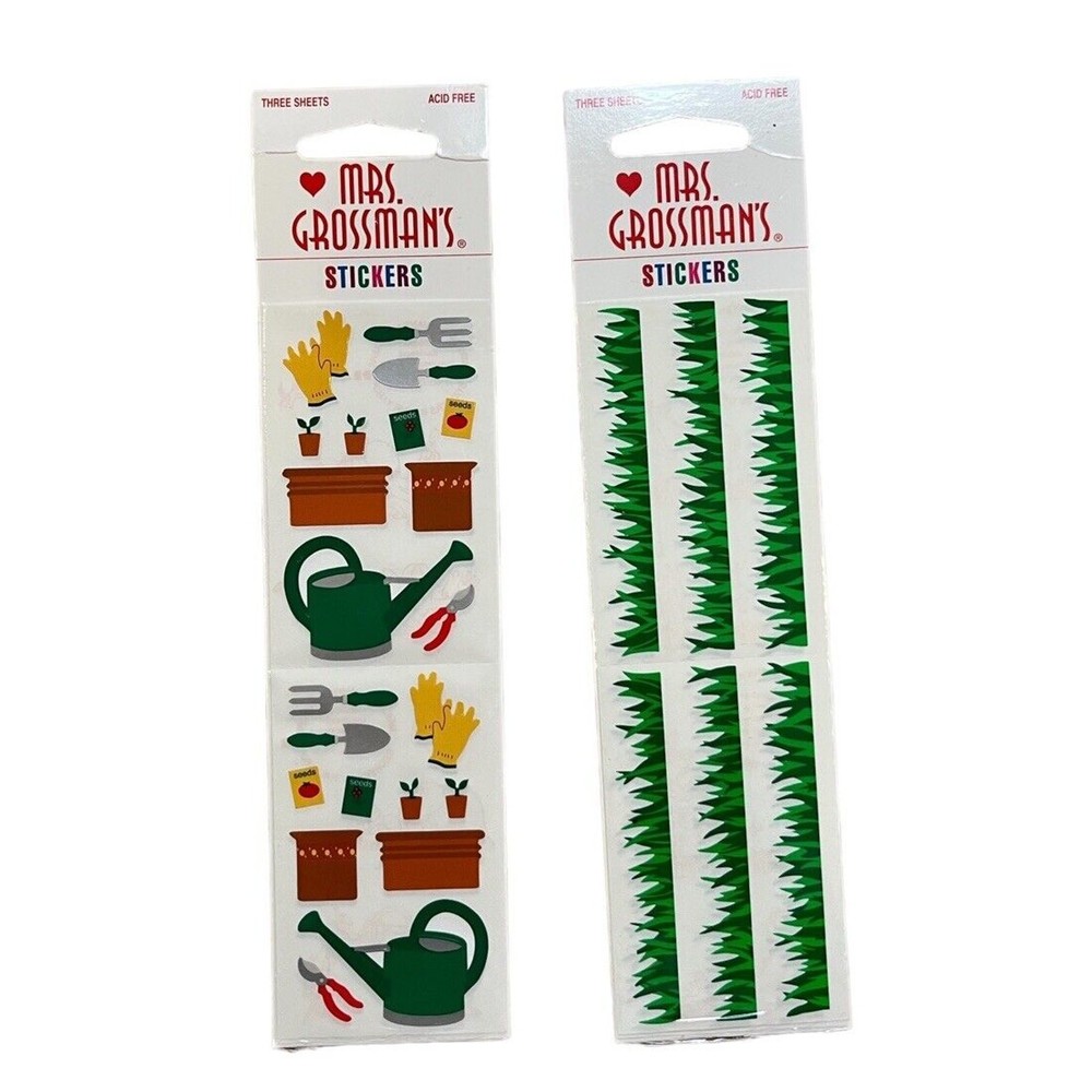 Vntg Mrs. Grossman’s Green GRASS & Garden Tools Scrapbook Stickers New