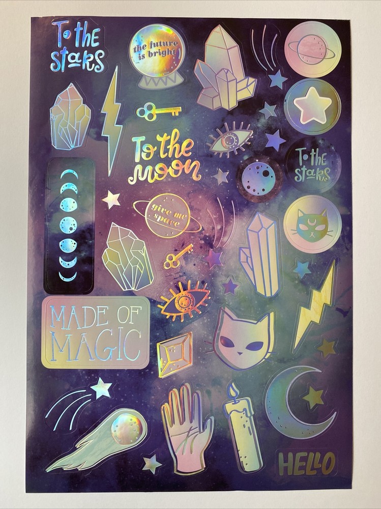 Celestial Magic Stickers Single Sheet of Stickers To The Moon Stars Crystal New
