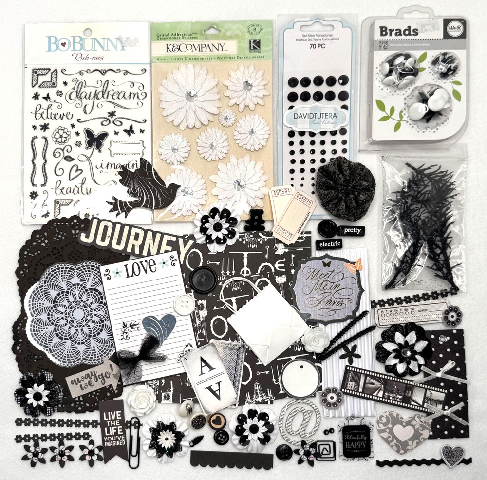 Black and White scrapbook planner journal junk paper art craft over 80 pcs lot