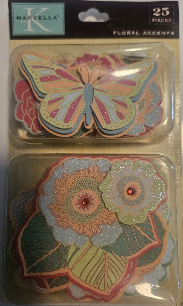 K&Company MARCELLA DIE CUTS FLORAL ACCENTS FLOWERS BUTTERFLY 25PCS W/GLITTER
